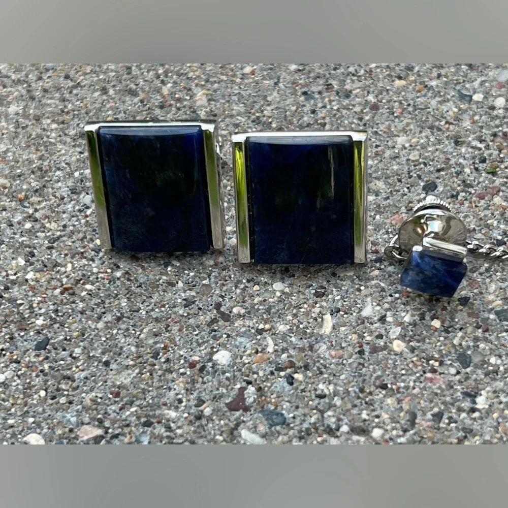 🔹Vintage Set of Genuine Sodalite Cufflinks & Matching Tie Tack — Blue / Silver